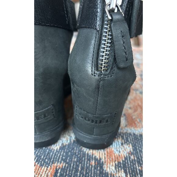 SOREL Women's Joanie II Ankle Strap Black Leather Wedge Sandals Size 8 - Picture 7 of 11